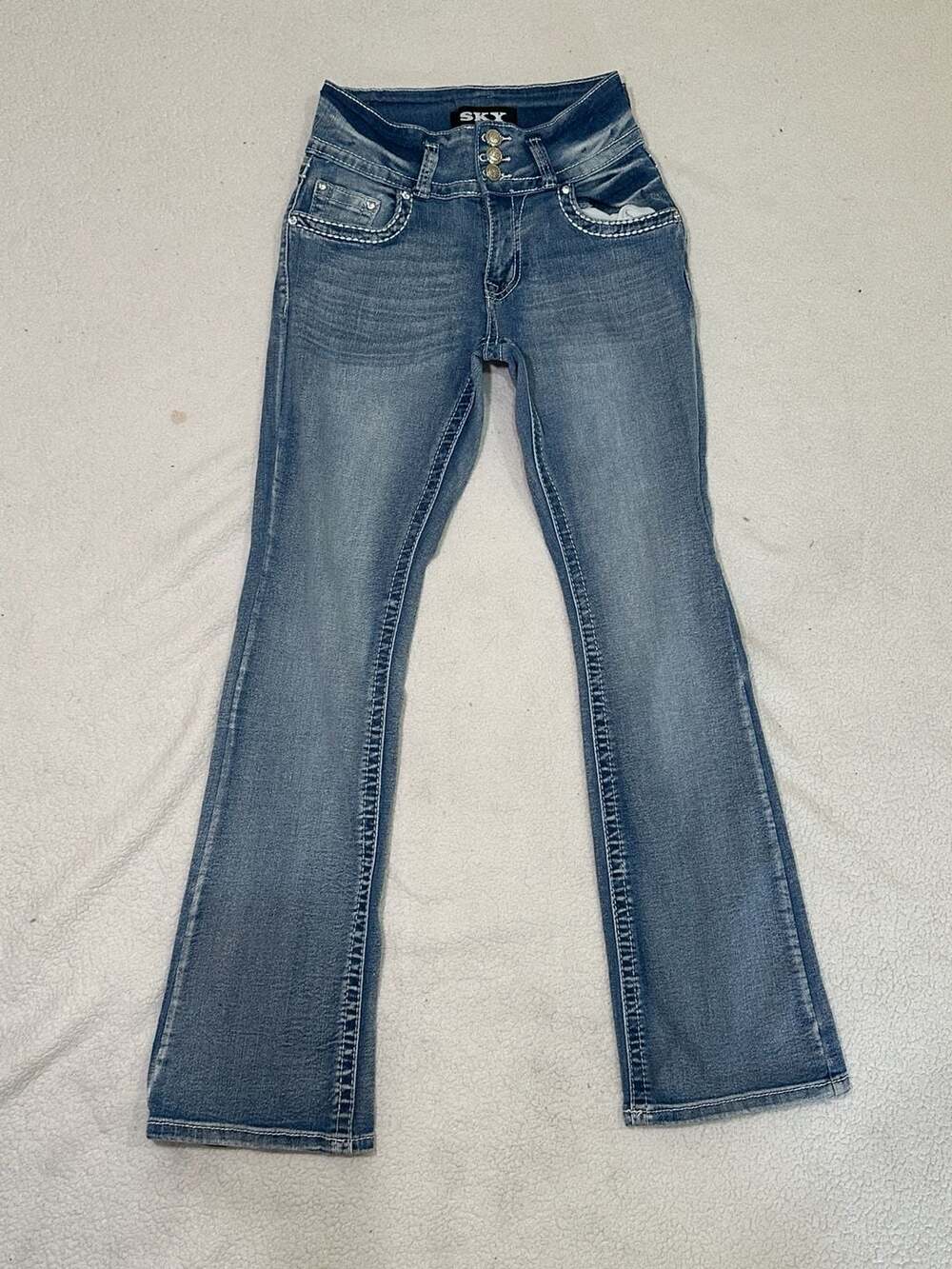SKY Women's Cross Back Pocket Rhinestone Bootcut Jeans Size 3/4